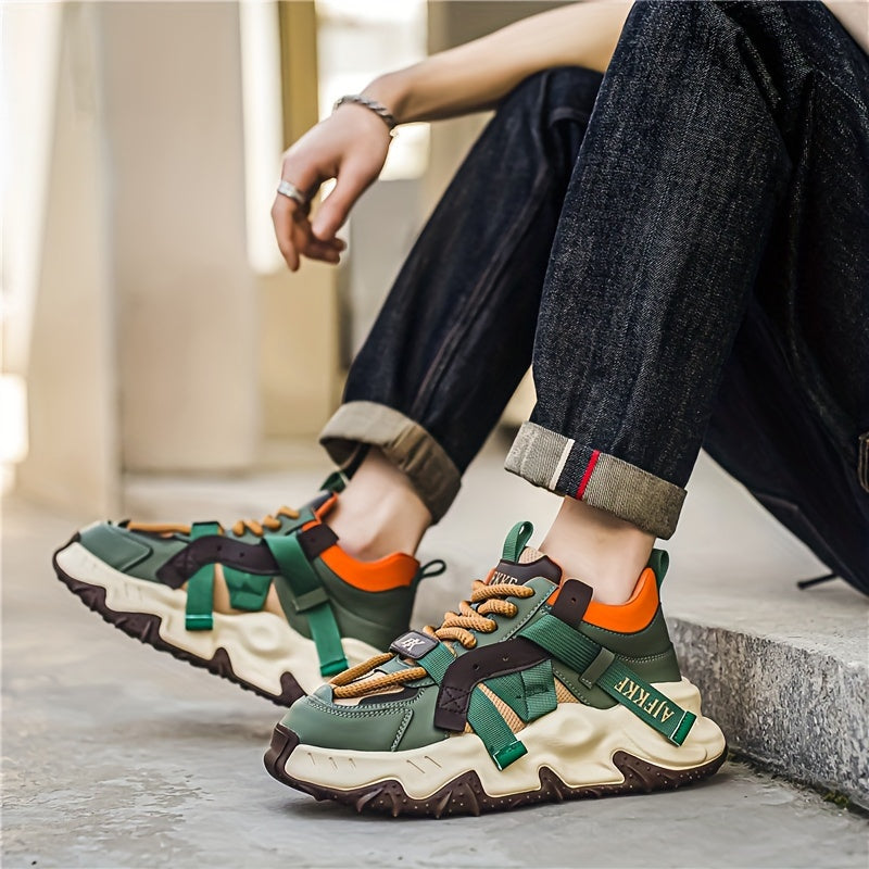 Men's Vintage Color Block Chunky Shoes, Comfy Non Slip Durable & Breathable Soft Sole Walking Shoes, Men's Footwear